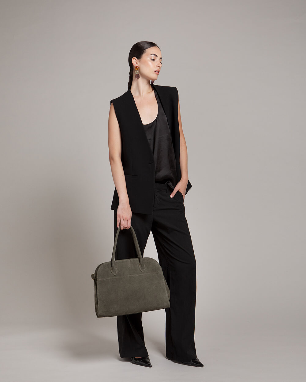 Alessia Suede Buckled Carryall Olive Green