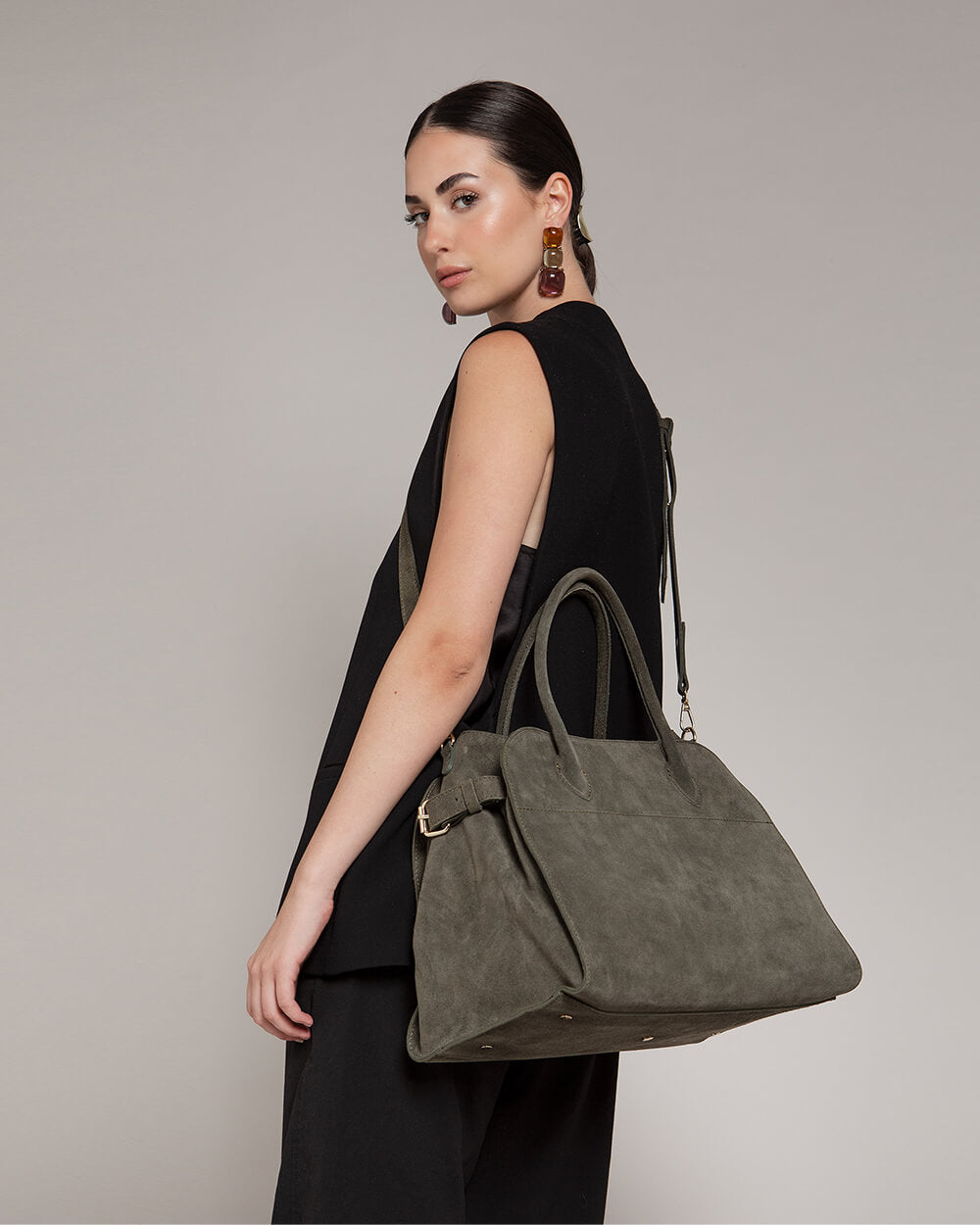 Alessia Suede Buckled Carryall Olive Green