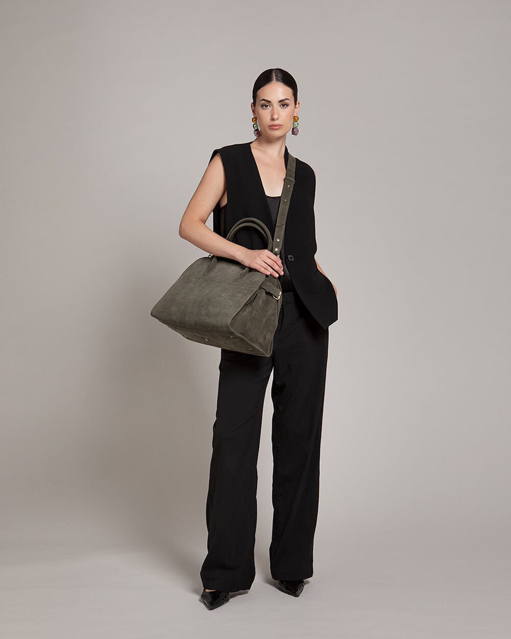 Alessia Suede Buckled Carryall Olive Green