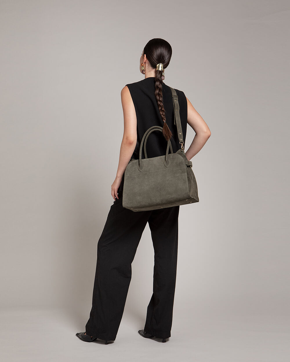 Alessia Suede Buckled Carryall Olive Green