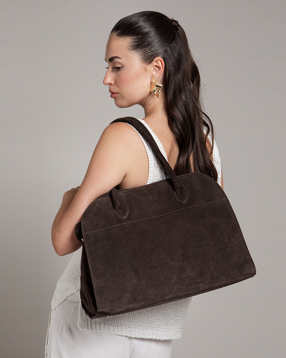 Alessia Suede Buckled Carryall Tobacco Brown