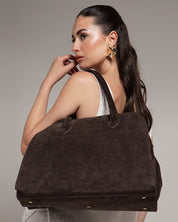 Alessia Suede Buckled Carryall Tobacco Brown