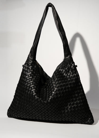 Gaia Braided Leather Shoulder Bag in Black