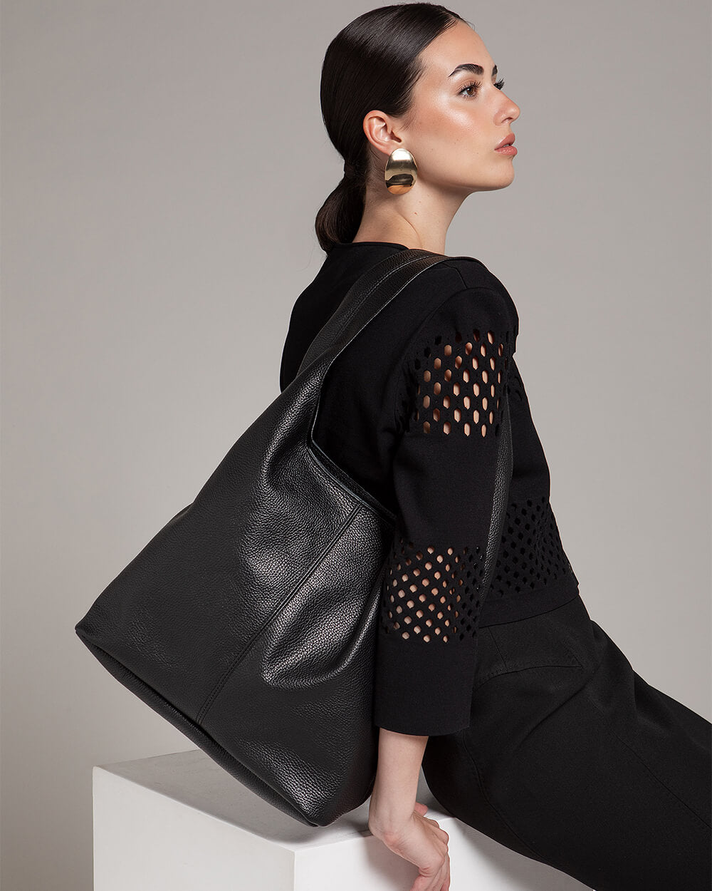 Sienna Black Leather Hobo Bag