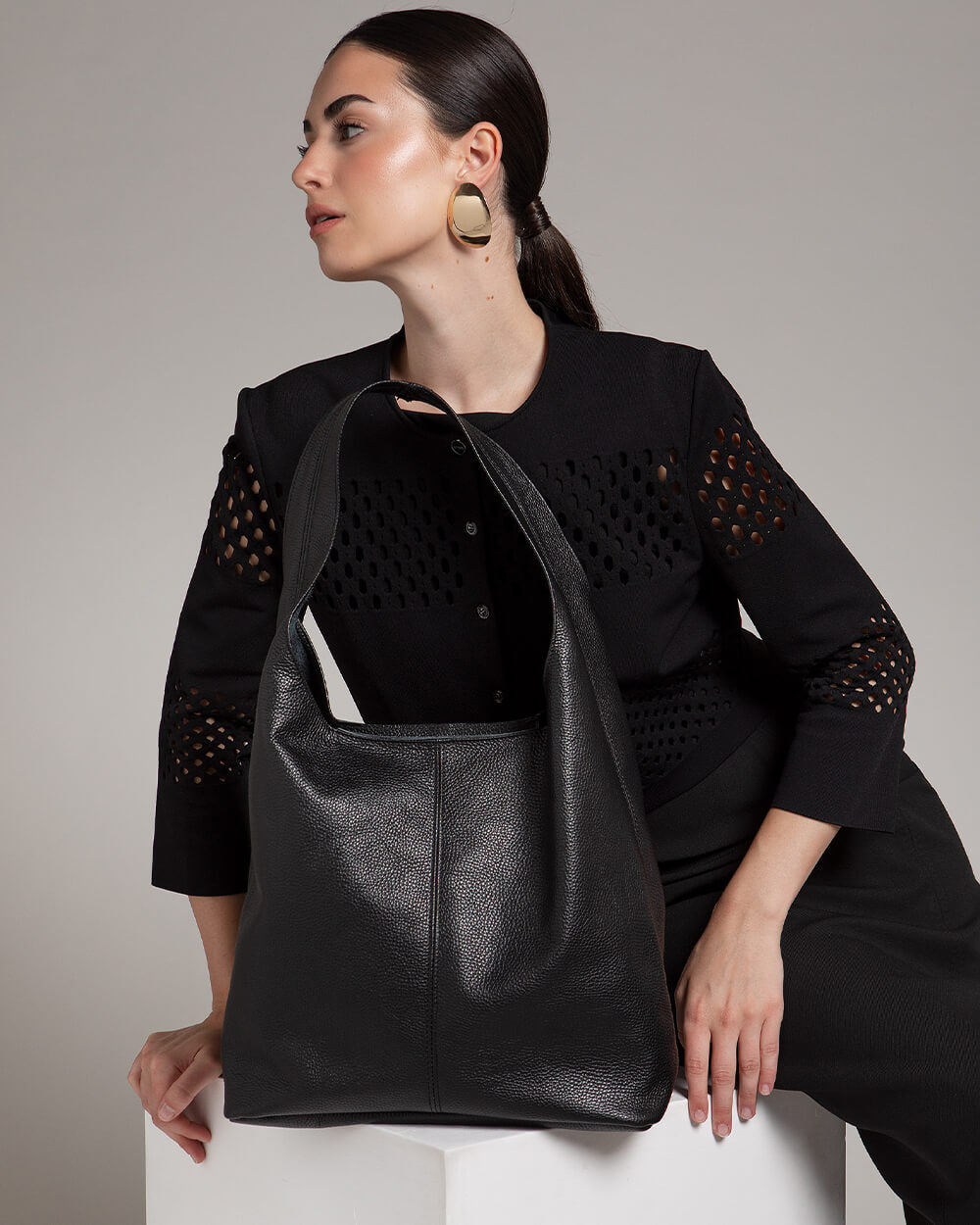 Sienna Black Leather Hobo Bag