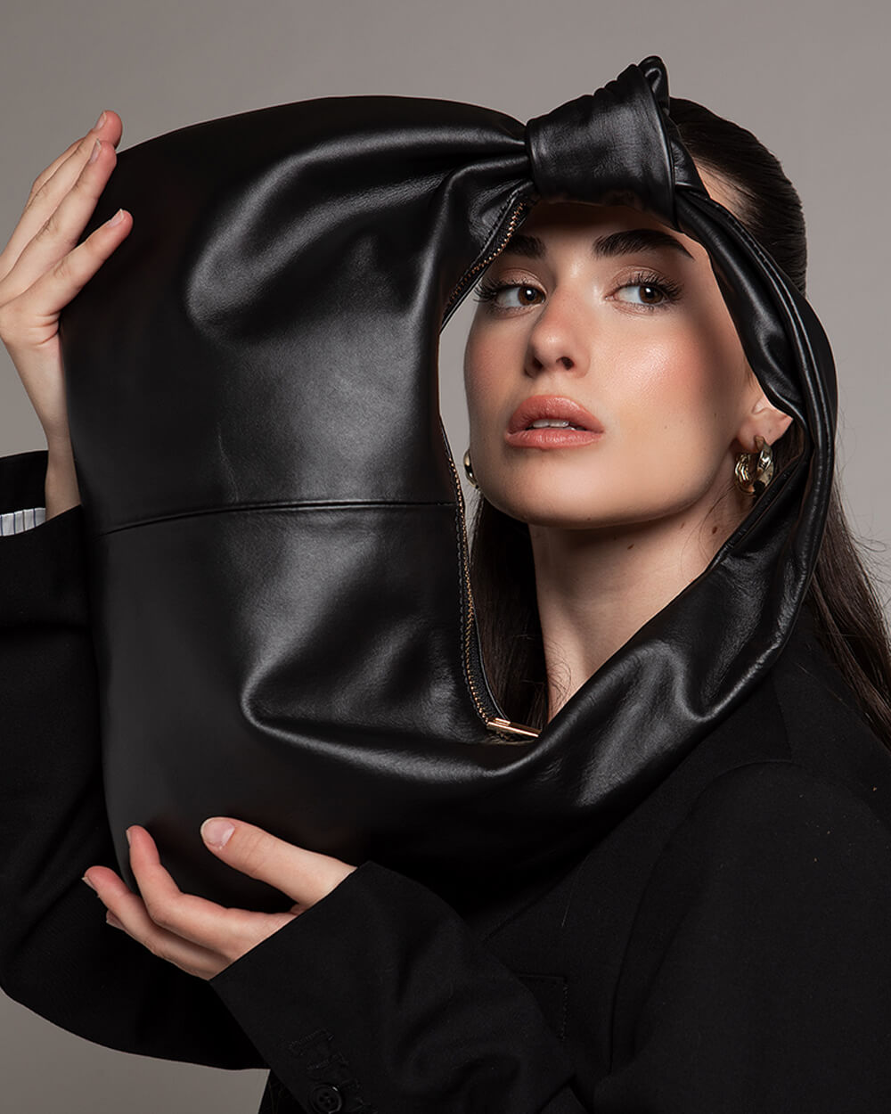 Vittoria Leather Crescent Knot Bag in Black