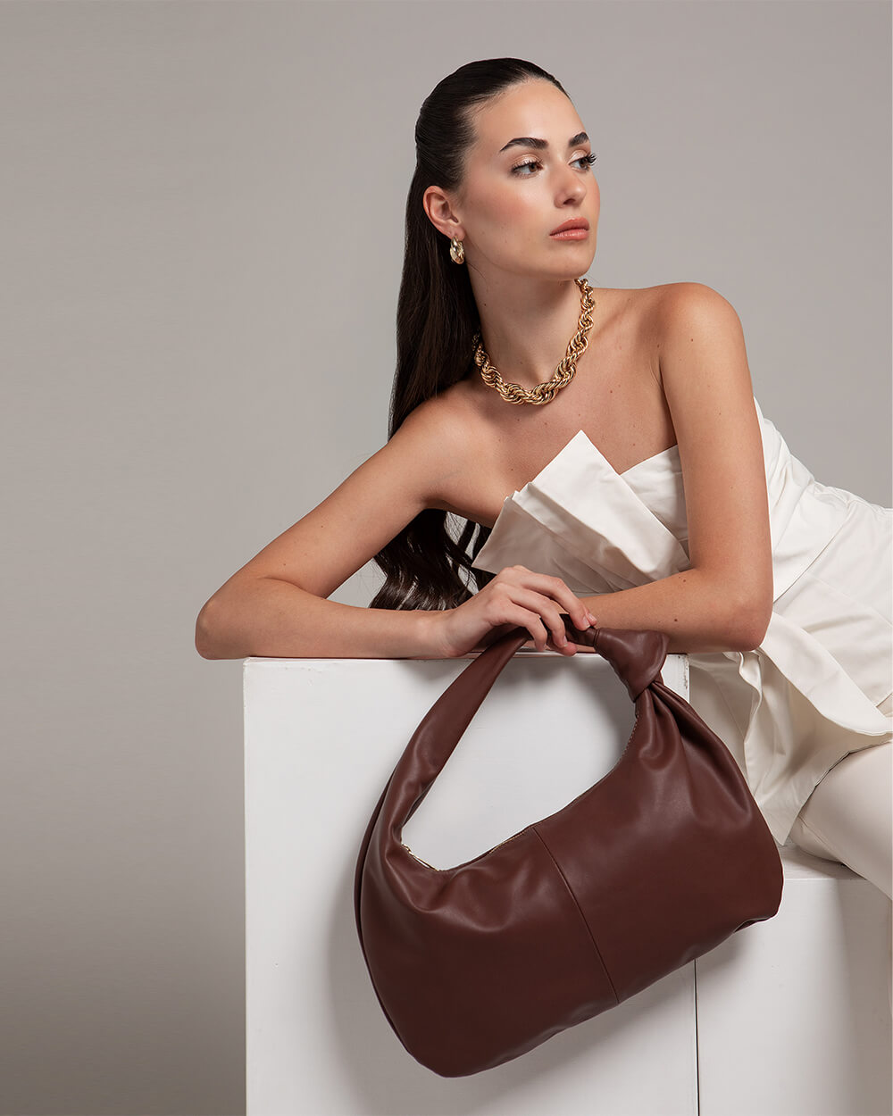 Vittoria Leather Crescent Knot Bag in Mocha Brown