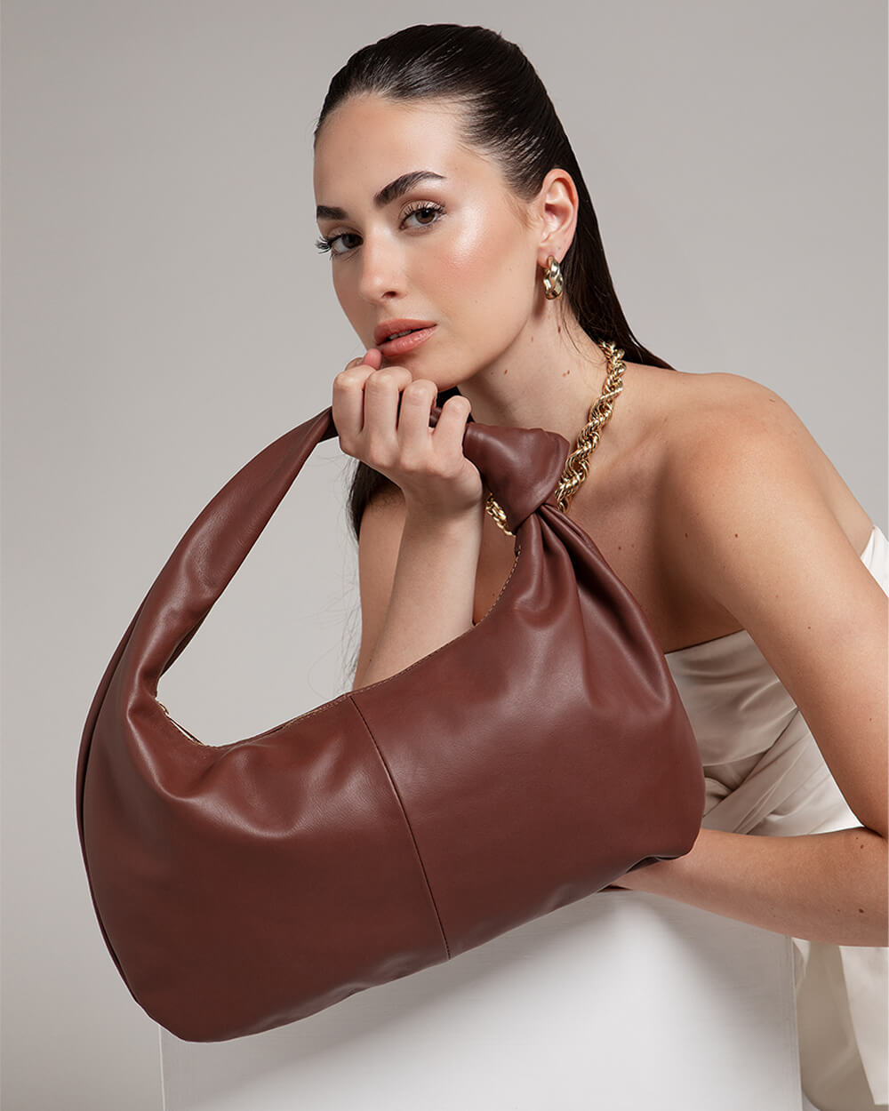 Vittoria Leather Crescent Knot Bag in Mocha Brown