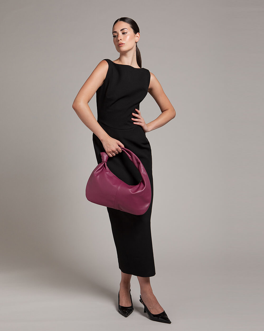 Vittoria Leather Crescent Knot Bag in Damson Plum