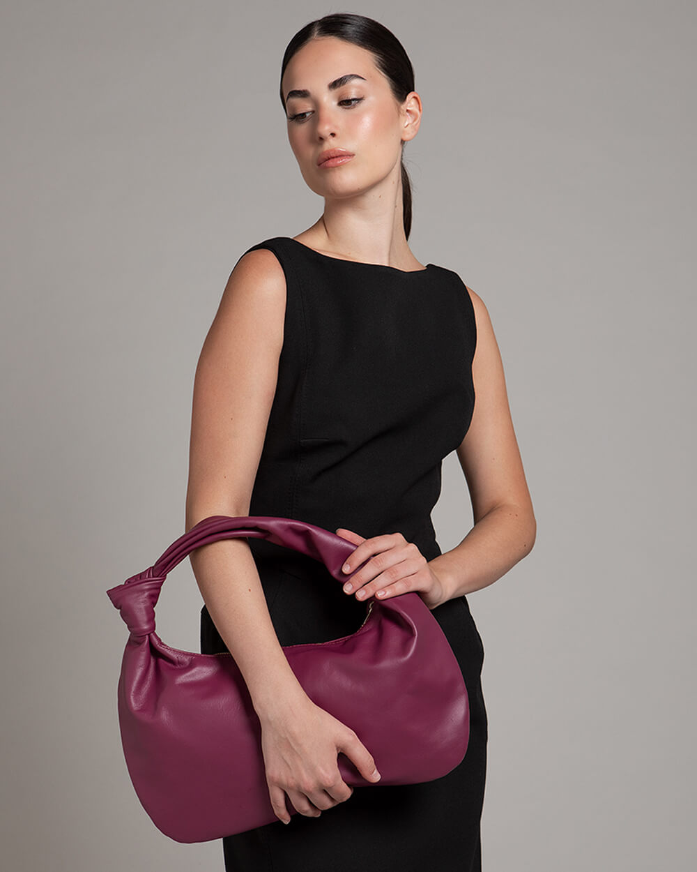 Vittoria Leather Crescent Knot Bag in Damson Plum