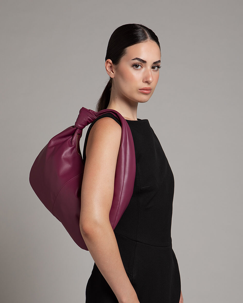 Vittoria Leather Crescent Knot Bag in Damson Plum